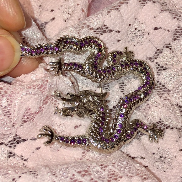 Jewelry - Silver tone Dragon brooch with red rhinestones